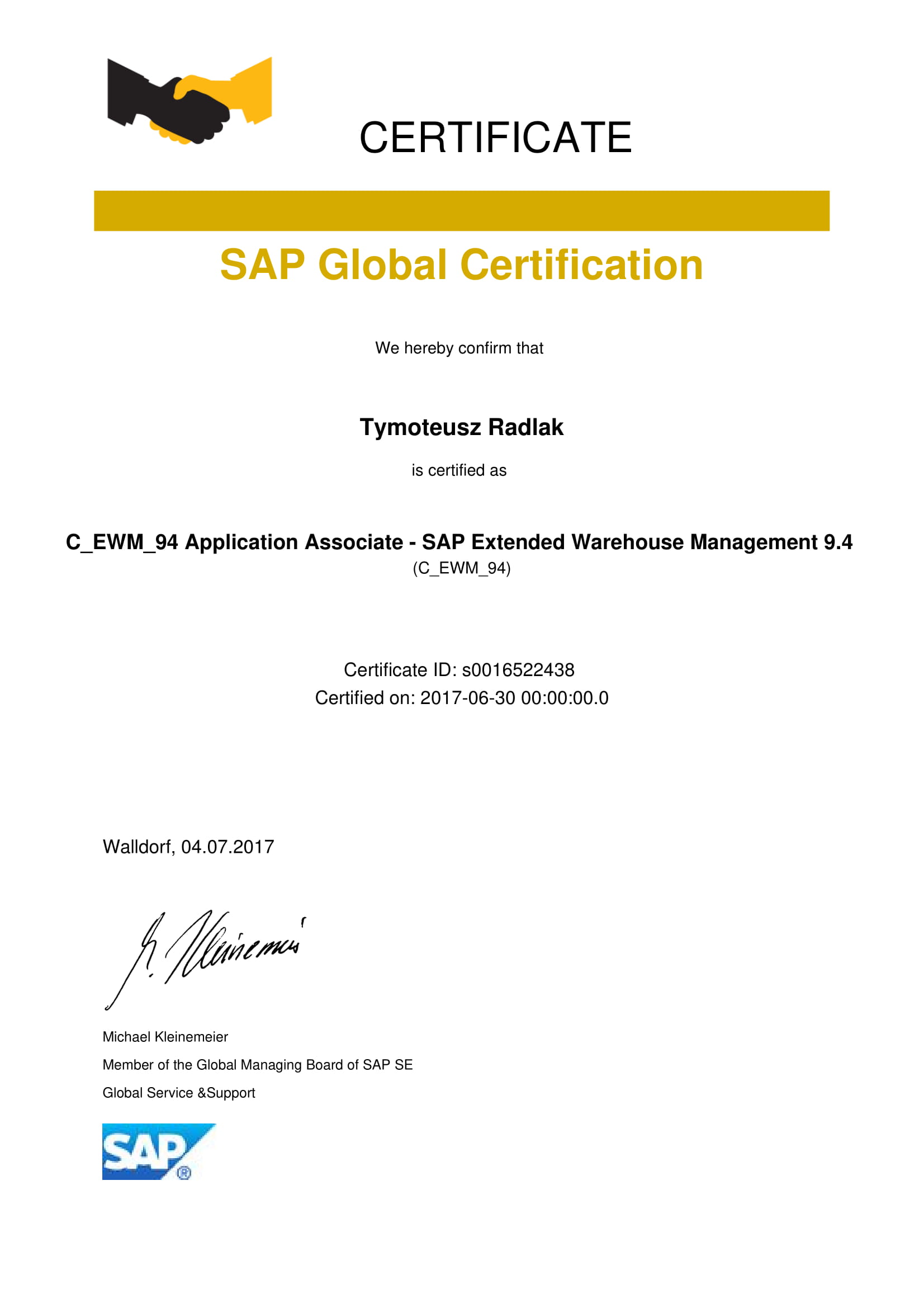 C_EWM_94 Application Associate - SAP Extended Warehouse Management 9.4