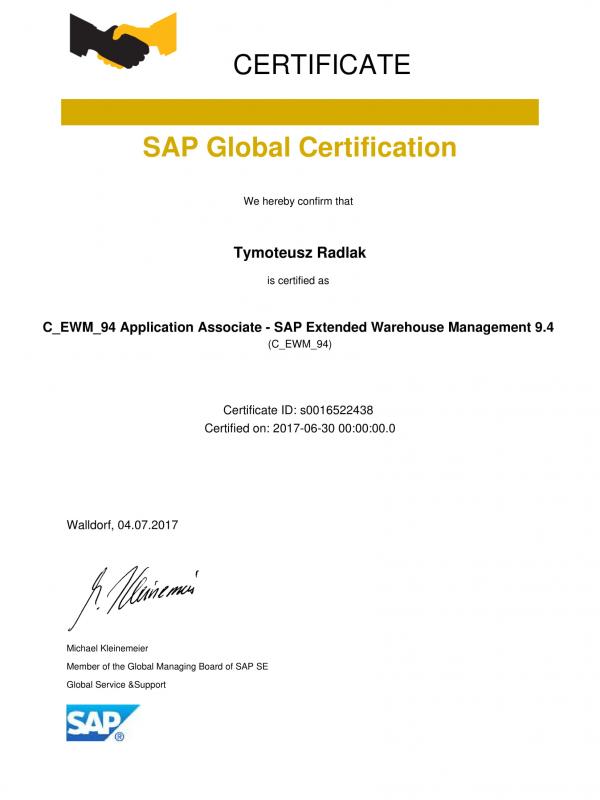 C_EWM_94 Application Associate - SAP Extended Warehouse Management 9.4